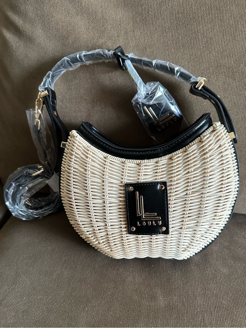 Woven Crescent Crossbody Bag in Natural/Black